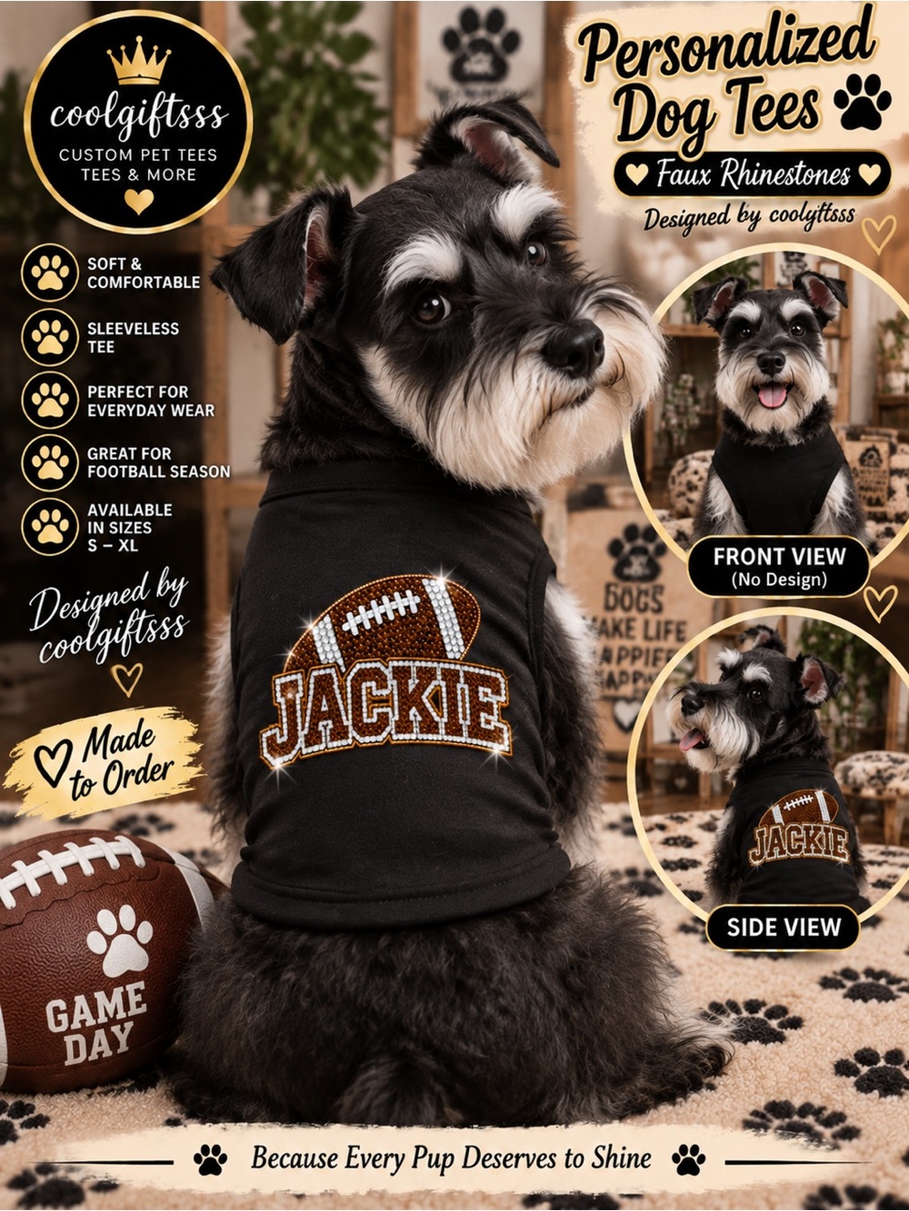 Personalized Dog Football Tees Pet Name Faux Rhinestone Shirt S M L XL